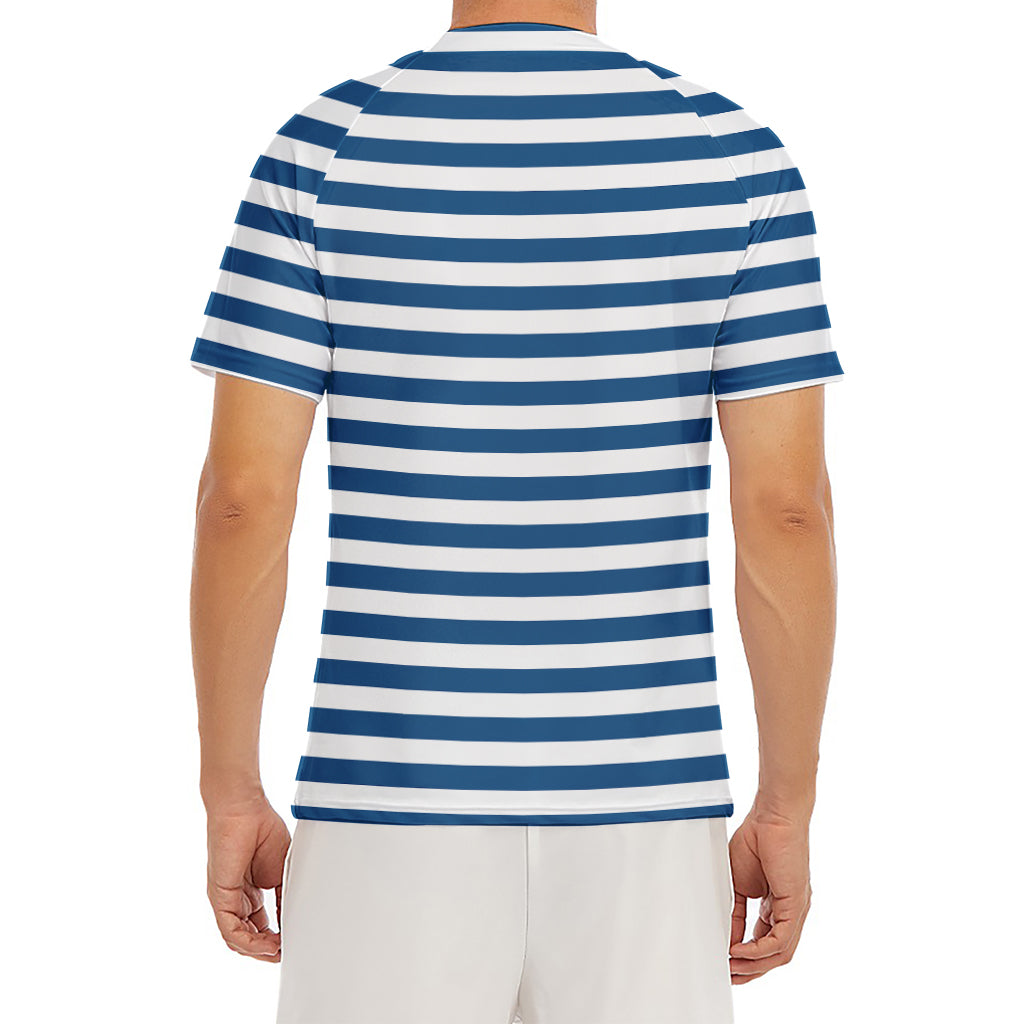 Blue And White Striped Pattern Print Men's Short Sleeve Rash Guard