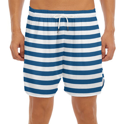 Blue And White Striped Pattern Print Men's Split Running Shorts
