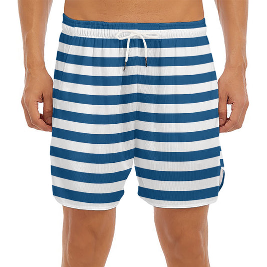 Blue And White Striped Pattern Print Men's Split Running Shorts