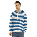 Blue And White Striped Pattern Print Men's Velvet Pullover Hoodie