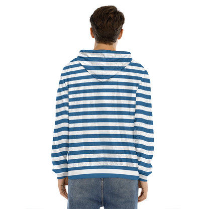 Blue And White Striped Pattern Print Men's Velvet Pullover Hoodie