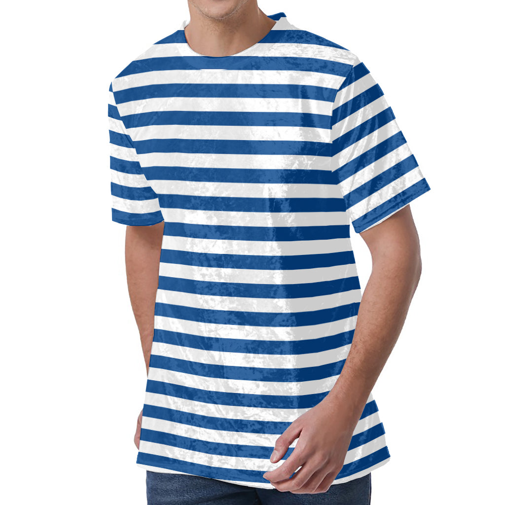 Blue And White Striped Pattern Print Men's Velvet T-Shirt