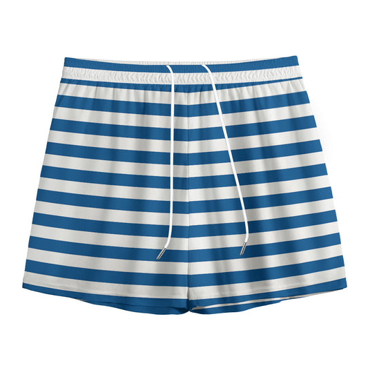 Blue And White Striped Pattern Print Mesh Shorts