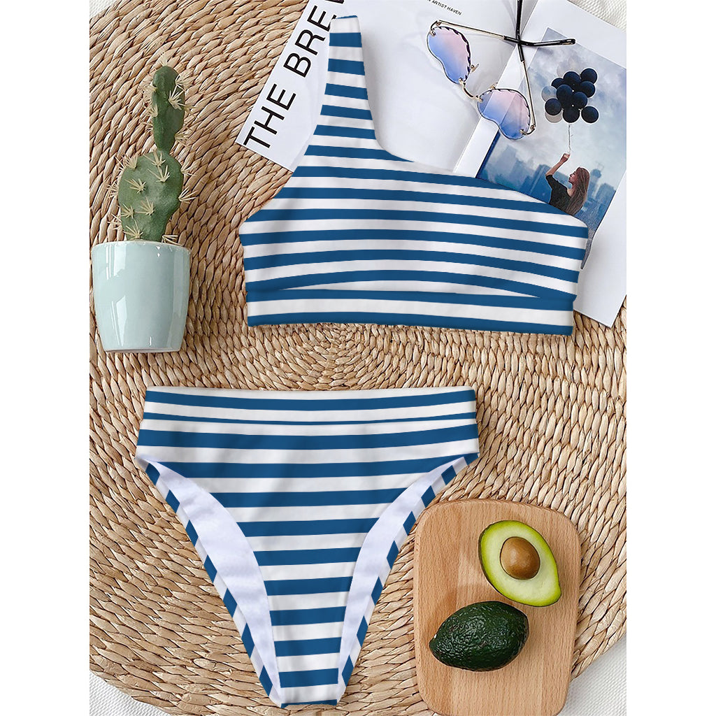 Blue And White Striped Pattern Print One Shoulder Bikini Top