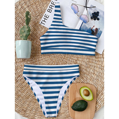 Blue And White Striped Pattern Print One Shoulder Bikini Top