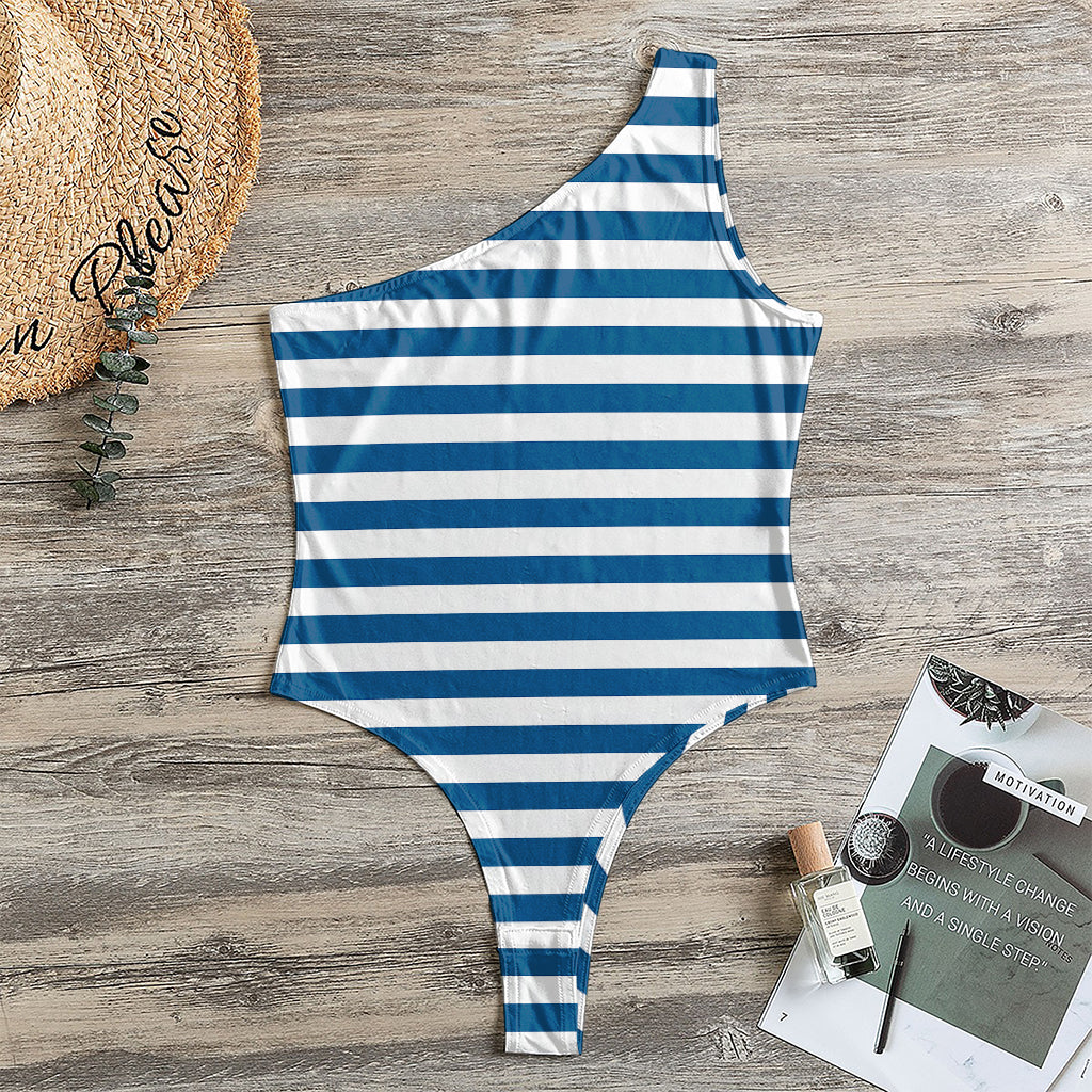 Blue And White Striped Pattern Print One Shoulder Bodysuit