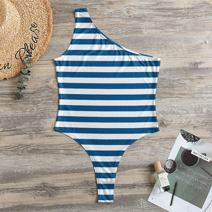 Blue And White Striped Pattern Print One Shoulder Bodysuit