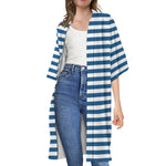 Blue And White Striped Pattern Print Open Front Beach Cover Up