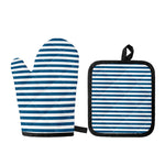 Blue And White Striped Pattern Print Oven Mitt And Pot Holder Set