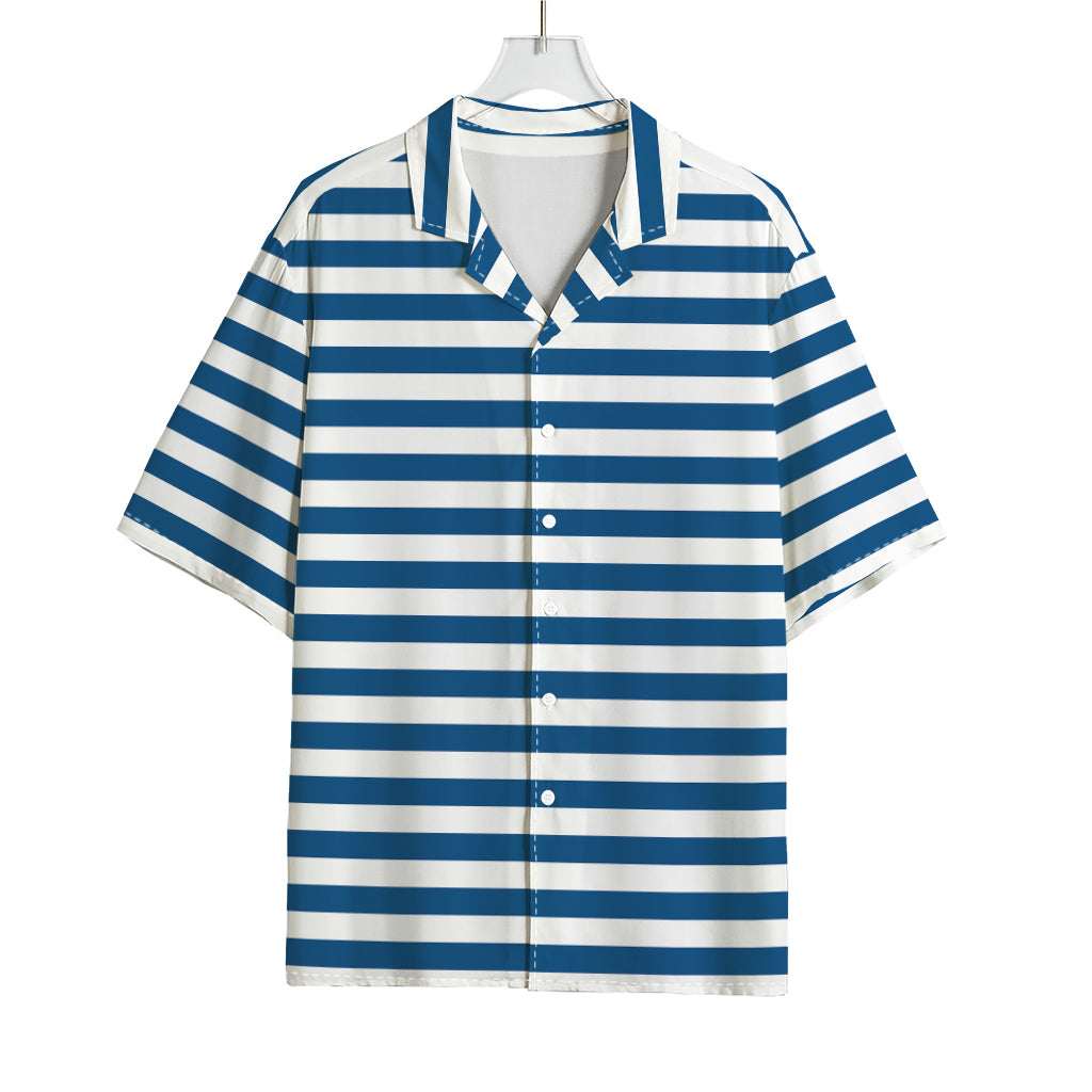Blue And White Striped Pattern Print Rayon Hawaiian Shirt