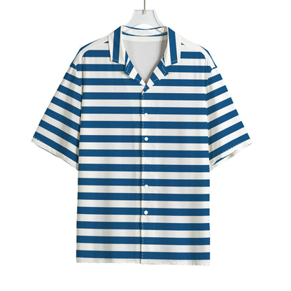 Blue And White Striped Pattern Print Rayon Hawaiian Shirt