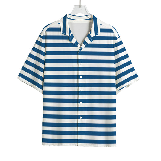 Blue And White Striped Pattern Print Rayon Hawaiian Shirt
