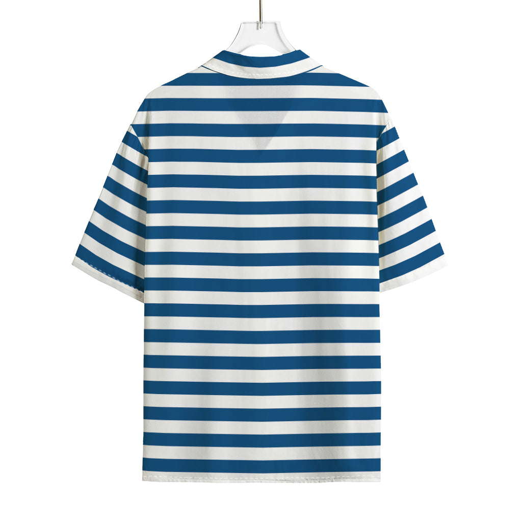 Blue And White Striped Pattern Print Rayon Hawaiian Shirt