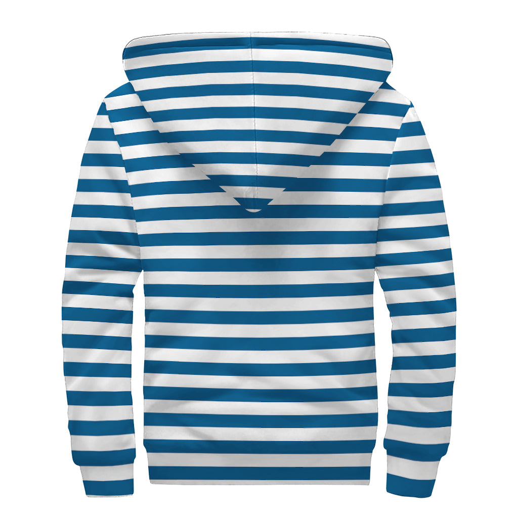Blue And White Striped Pattern Print Sherpa Lined Zip Up Hoodie