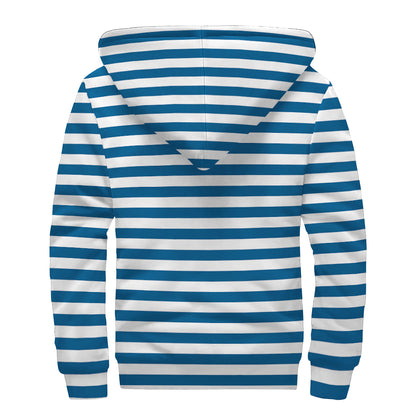 Blue And White Striped Pattern Print Sherpa Lined Zip Up Hoodie