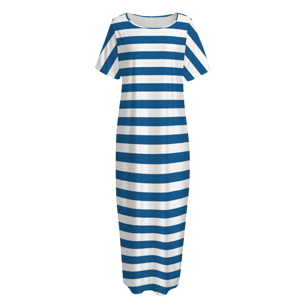 Blue And White Striped Pattern Print Short Sleeve Long Nightdress