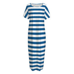Blue And White Striped Pattern Print Short Sleeve Long Nightdress