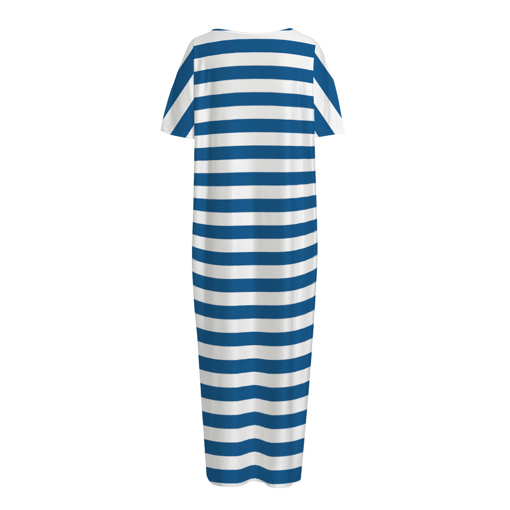 Blue And White Striped Pattern Print Short Sleeve Long Nightdress
