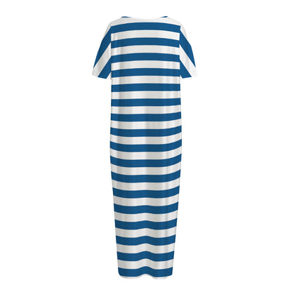 Blue And White Striped Pattern Print Short Sleeve Long Nightdress