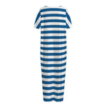 Blue And White Striped Pattern Print Short Sleeve Long Nightdress