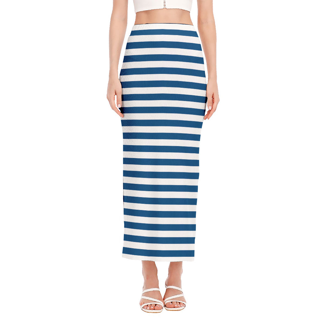 Blue And White Striped Pattern Print Side Slit Maxi Skirt