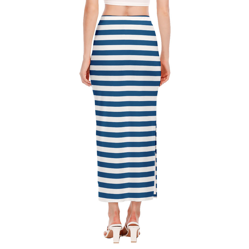 Blue And White Striped Pattern Print Side Slit Maxi Skirt