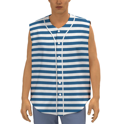 Blue And White Striped Pattern Print Sleeveless Baseball Jersey