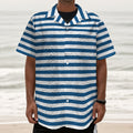 Blue And White Striped Pattern Print Textured Short Sleeve Shirt