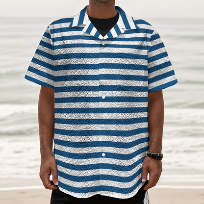 Blue And White Striped Pattern Print Textured Short Sleeve Shirt