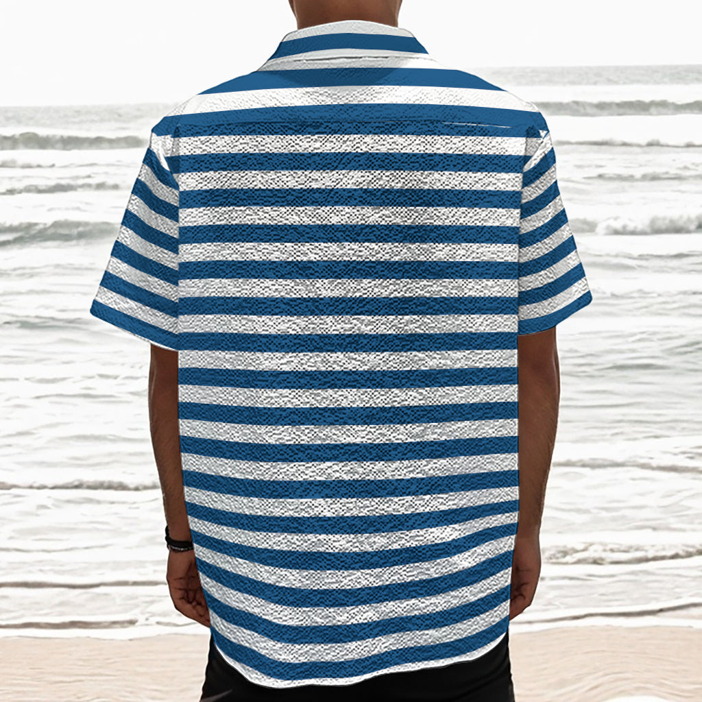 Blue And White Striped Pattern Print Textured Short Sleeve Shirt