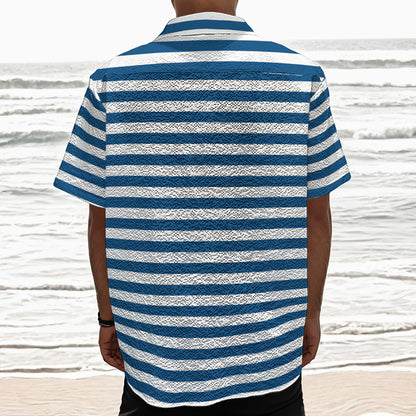 Blue And White Striped Pattern Print Textured Short Sleeve Shirt