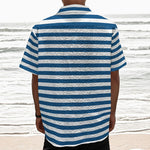Blue And White Striped Pattern Print Textured Short Sleeve Shirt