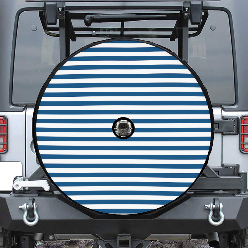 Blue And White Striped Pattern Print Tire Cover With Camera Hole