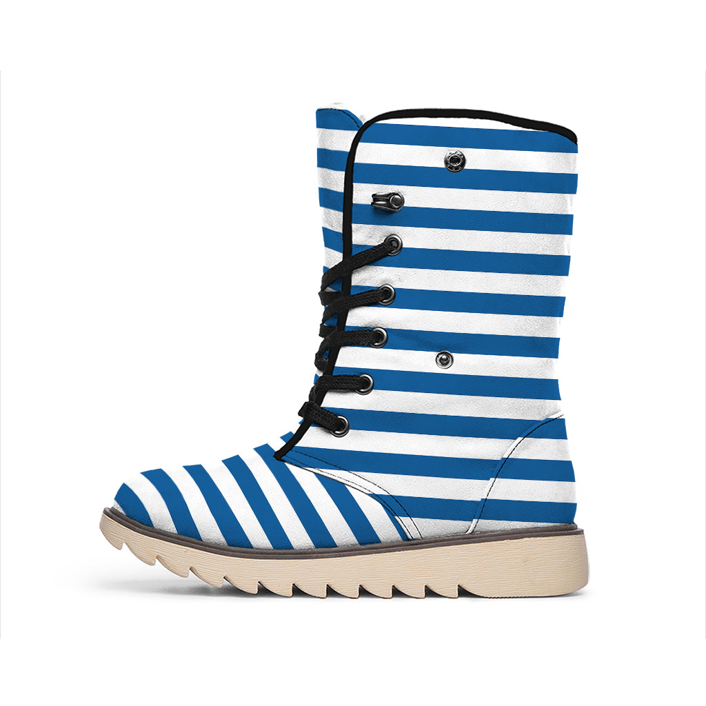 Blue And White Striped Pattern Print Winter Boots