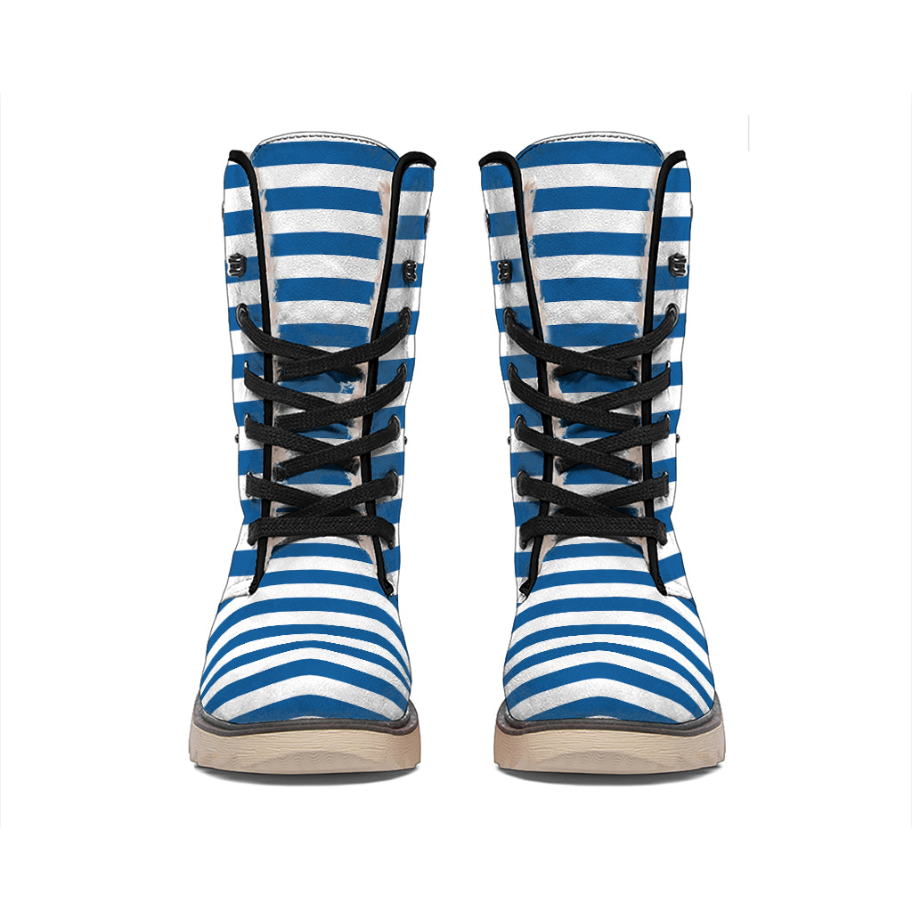 Blue And White Striped Pattern Print Winter Boots