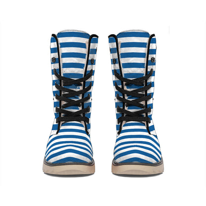 Blue And White Striped Pattern Print Winter Boots