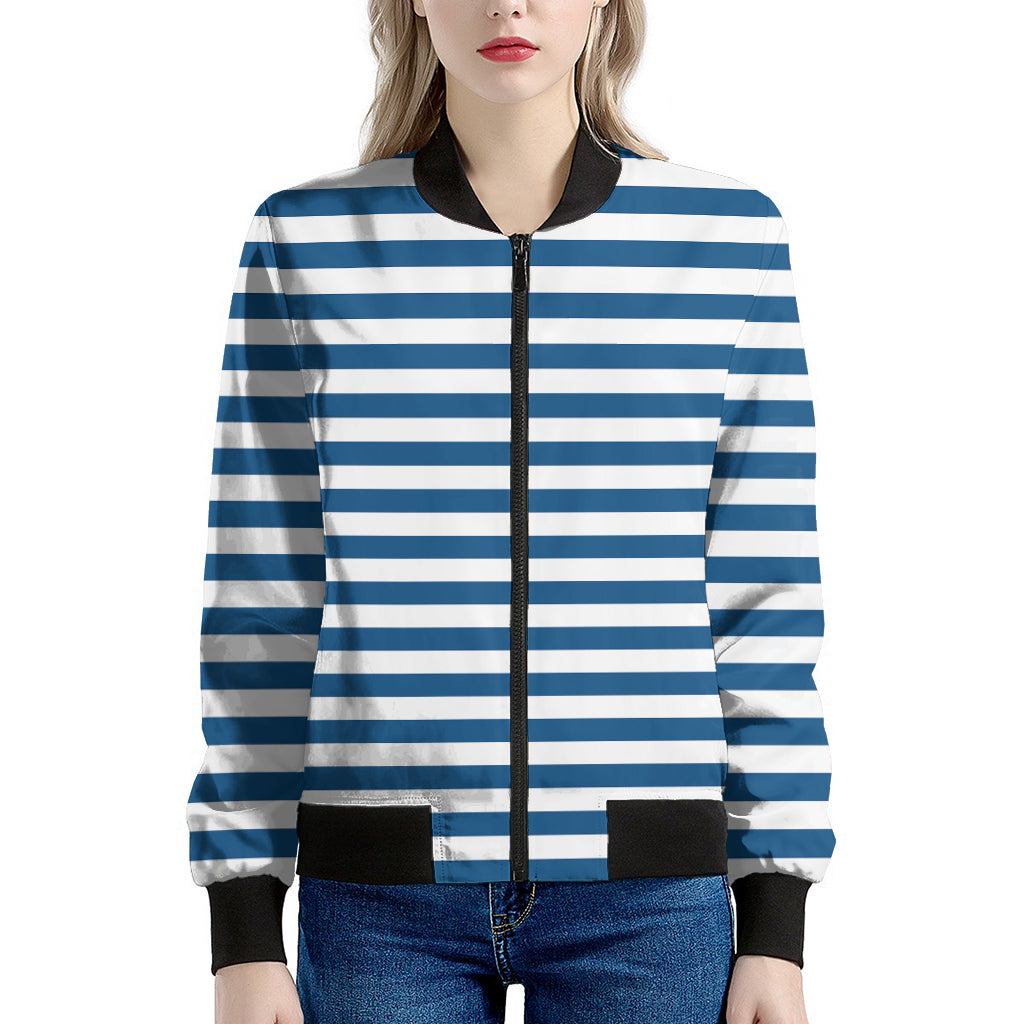 Blue And White Striped Pattern Print Women's Bomber Jacket