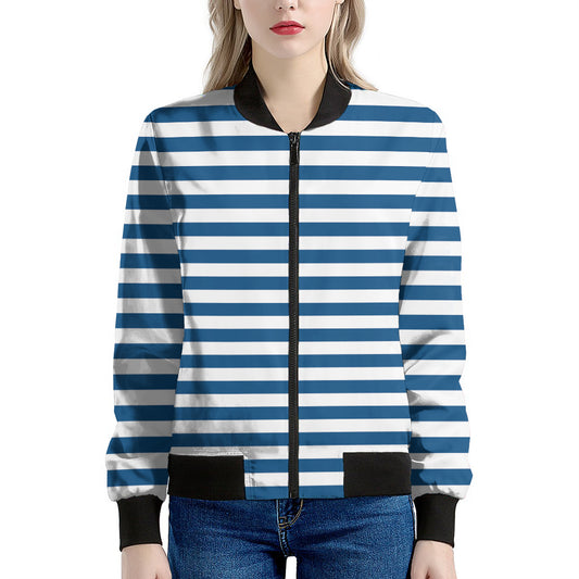 Blue And White Striped Pattern Print Women's Bomber Jacket
