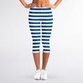 Blue And White Striped Pattern Print Women's Capri Leggings