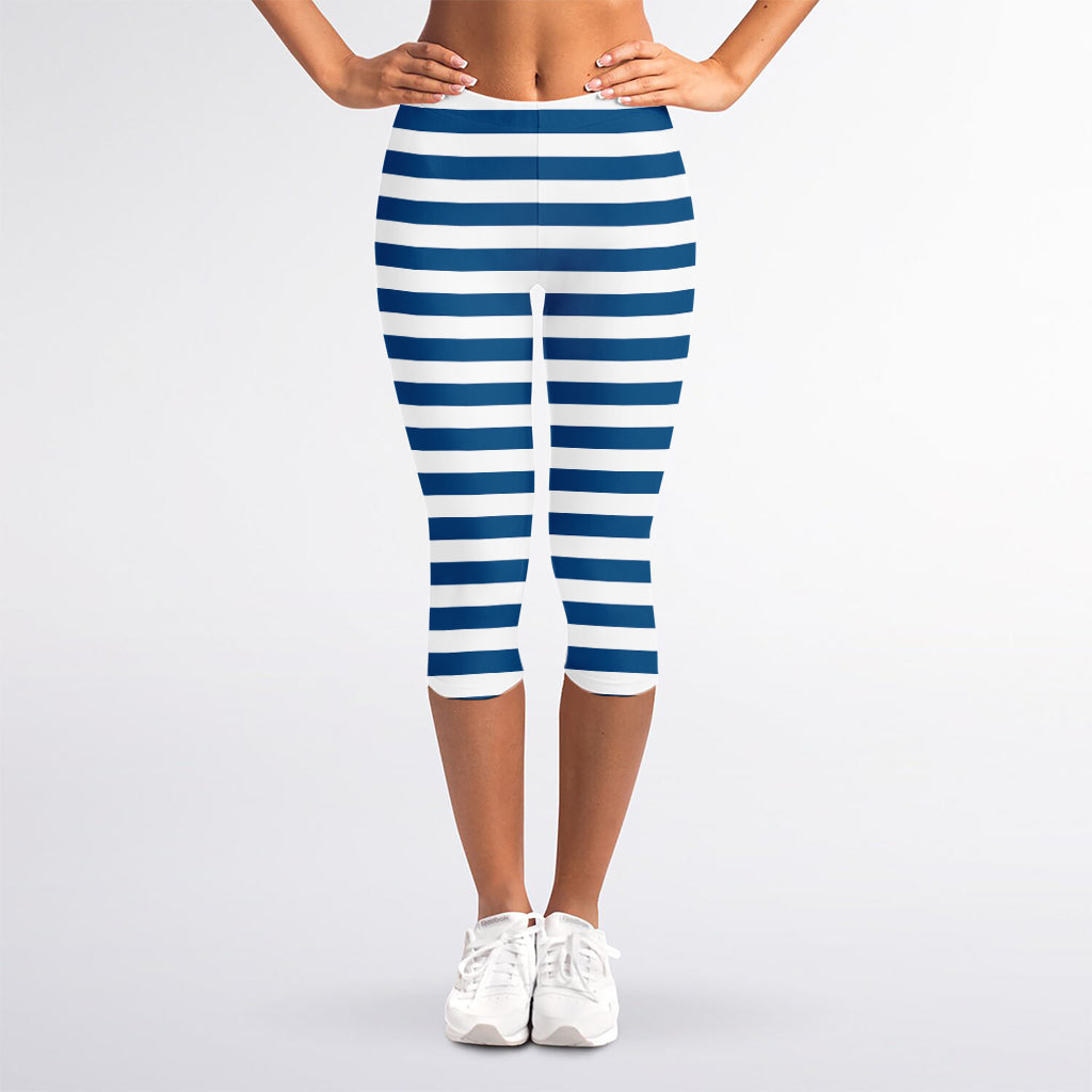 Blue And White Striped Pattern Print Women's Capri Leggings