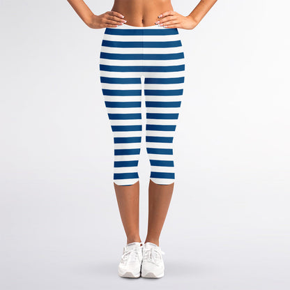 Blue And White Striped Pattern Print Women's Capri Leggings