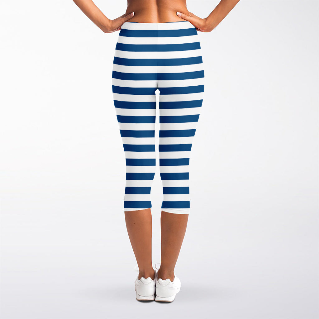 Blue And White Striped Pattern Print Women's Capri Leggings