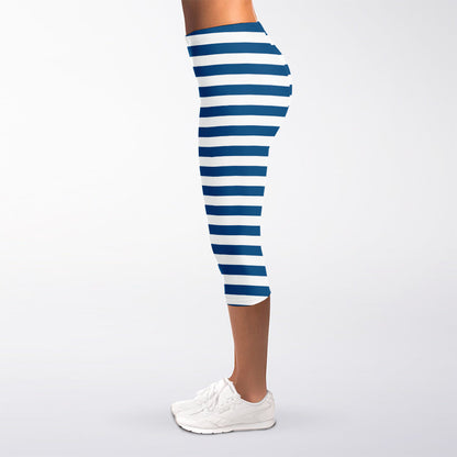 Blue And White Striped Pattern Print Women's Capri Leggings