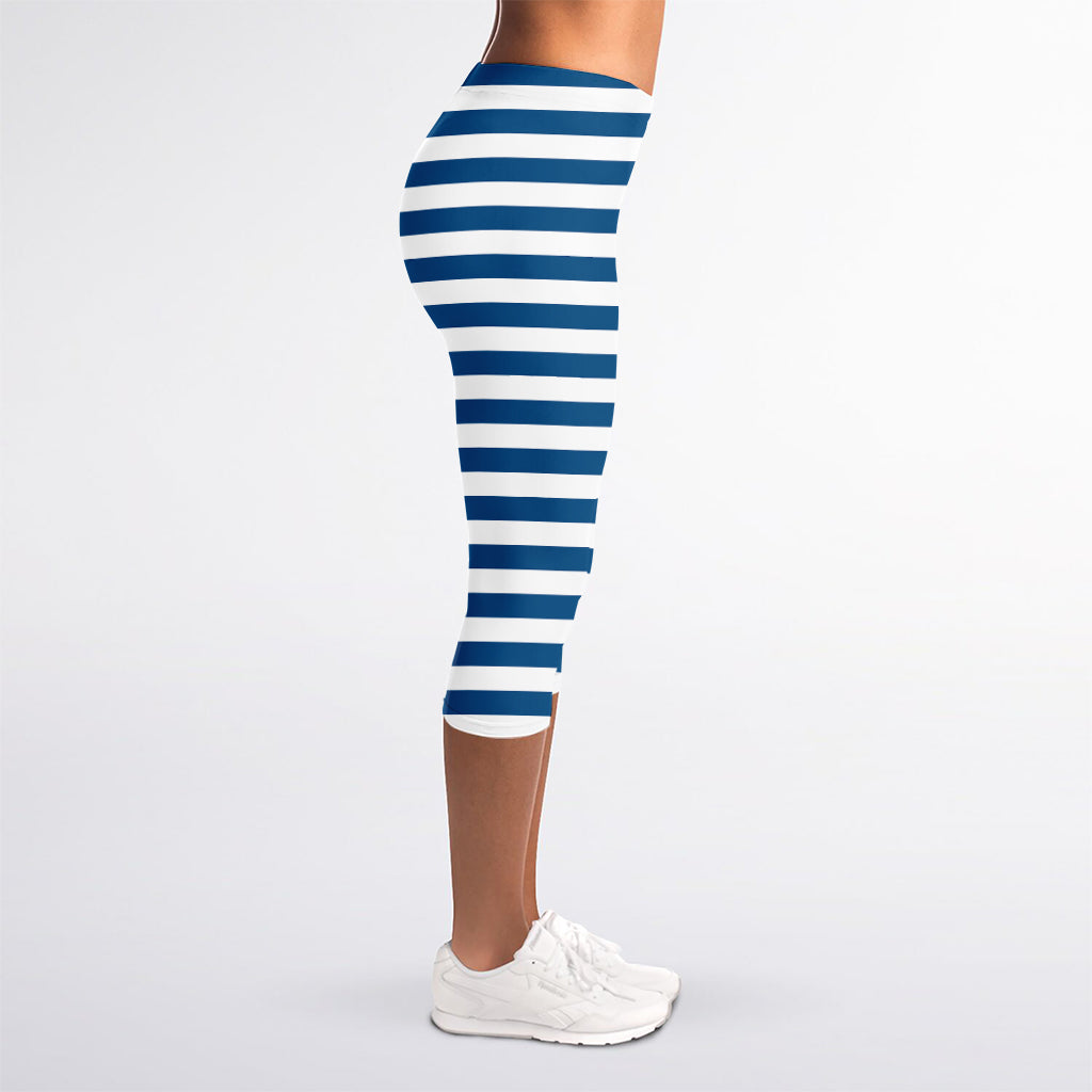 Blue And White Striped Pattern Print Women's Capri Leggings