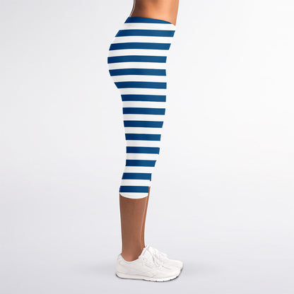 Blue And White Striped Pattern Print Women's Capri Leggings