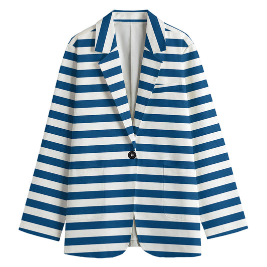 Blue And White Striped Pattern Print Women's Cotton Blazer