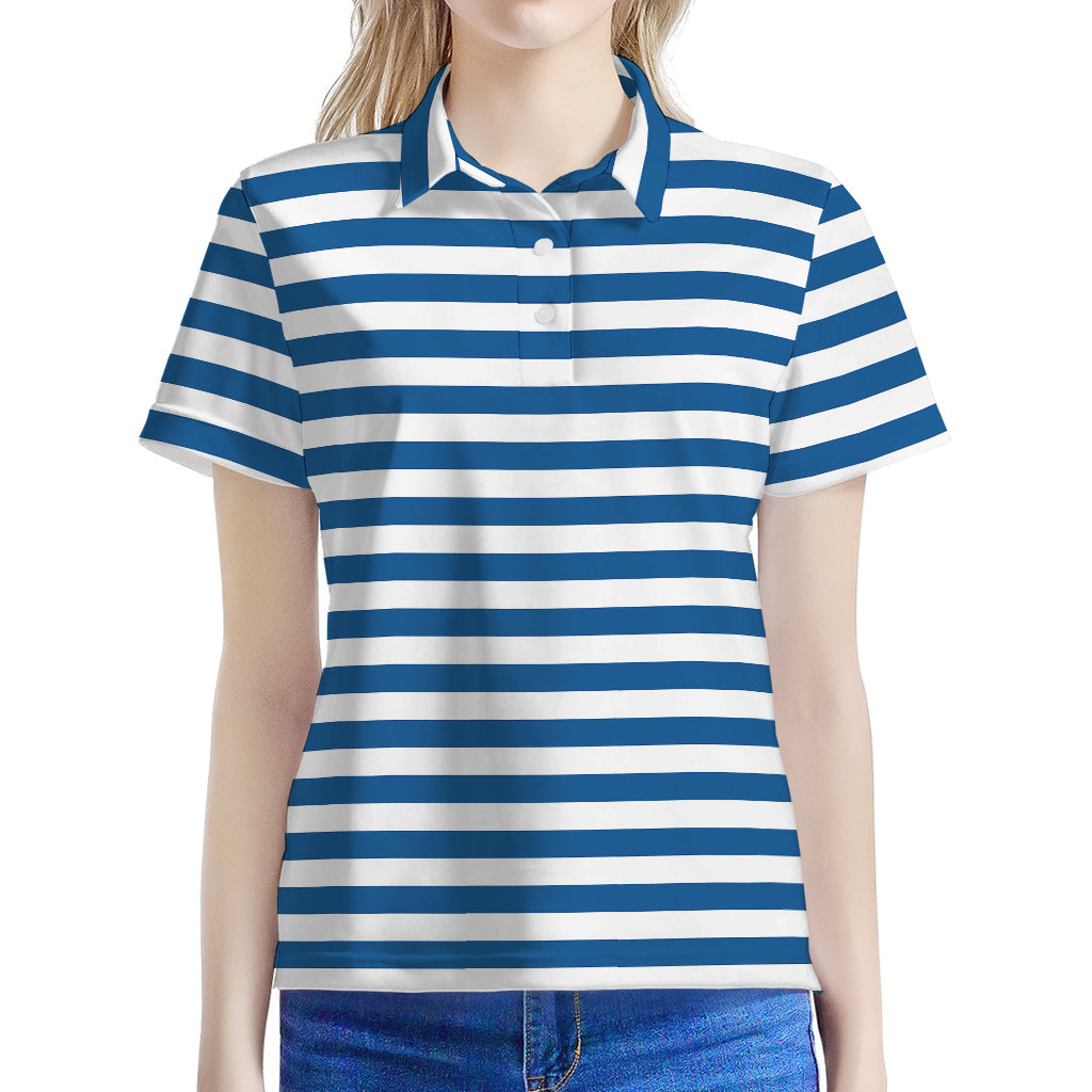Blue And White Striped Pattern Print Women's Polo Shirt