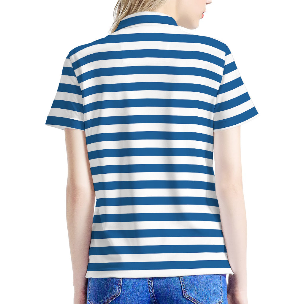 Blue And White Striped Pattern Print Women's Polo Shirt