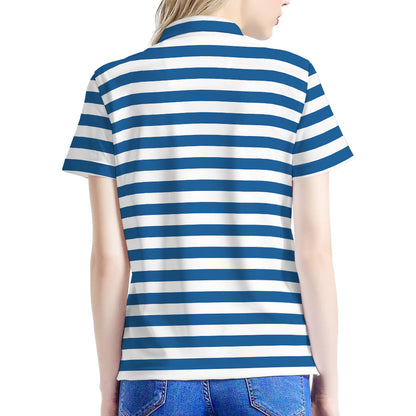 Blue And White Striped Pattern Print Women's Polo Shirt