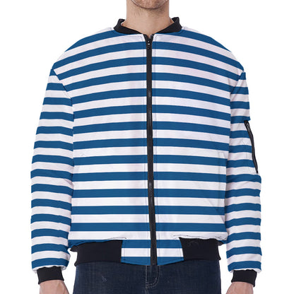 Blue And White Striped Pattern Print Zip Sleeve Bomber Jacket